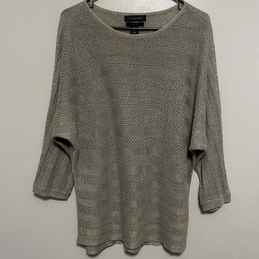 Tahari Sweater Blouse L Taupe 100% Linen Batwing Open Knit Scoop Neck Coastal